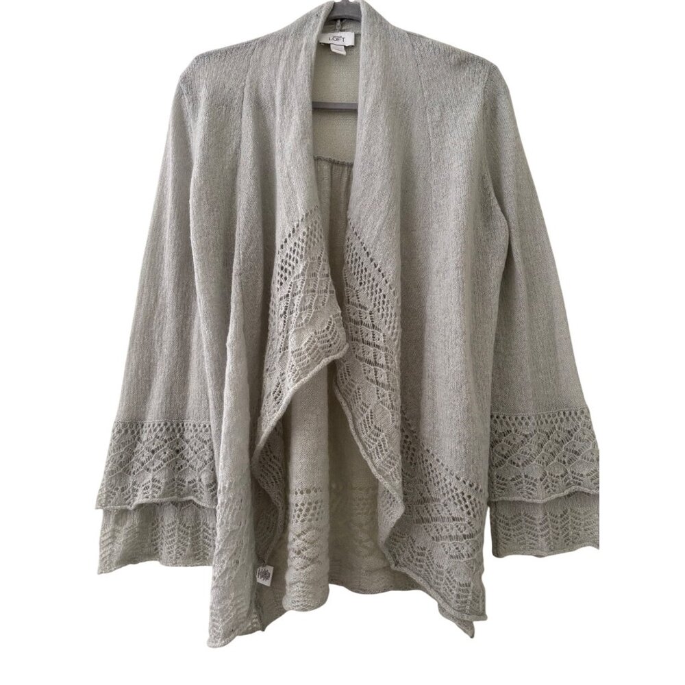 Loft Gray Open-Front Knit Cardigan Sweater L Lace Detail Long Sleeve - Picture 1 of 16
